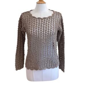 Vintage Croquet Club Tan Open Knit Long Sleeve Sweater, 100% Silk, Size L